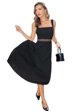 Black Chiffon Midi Dress Crochet Boho Whimsygoth Summer Resort Wedding Guest S